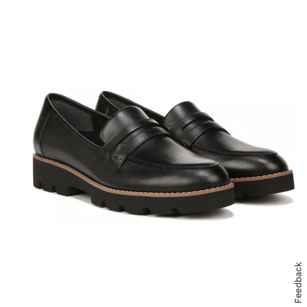Vionic Cheryl II Lug Penny Loafer Black Leather Shoes Womens 6W Fits Like 7